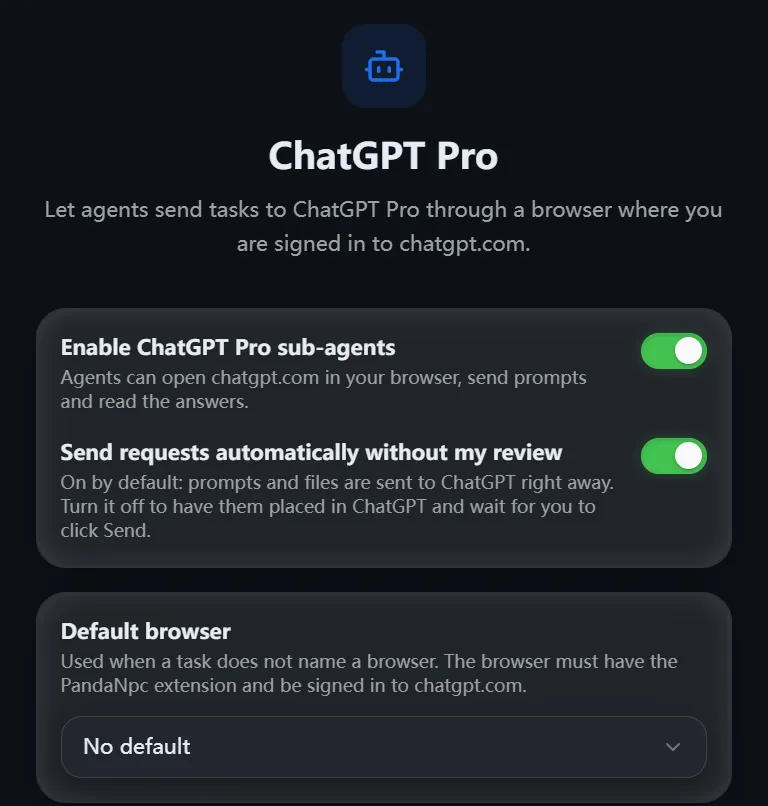 Η σελίδα ρυθμίσεων ChatGPT Pro δείχνει ότι είναι ενεργοποιημένη και η αυτόματη αποστολή είναι ενεργή στον τρέχοντα λογαριασμό. Η εικόνα δείχνει την υπάρχουσα κατάσταση και δεν αντιπροσωπεύει την προεπιλεγμένη τιμή ή τη διαδικασία του κουμπιού ενεργοποίησης.