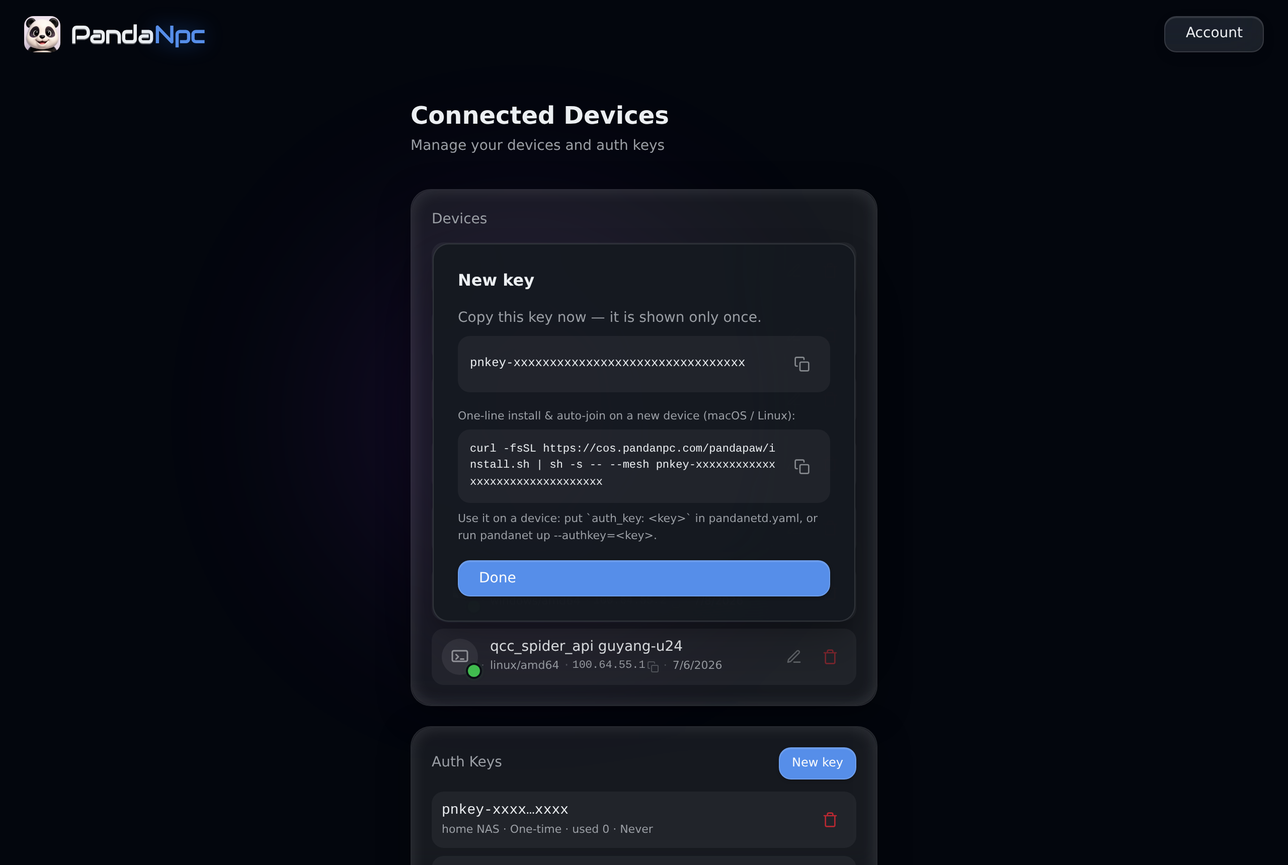 Generated command with key, copy and use