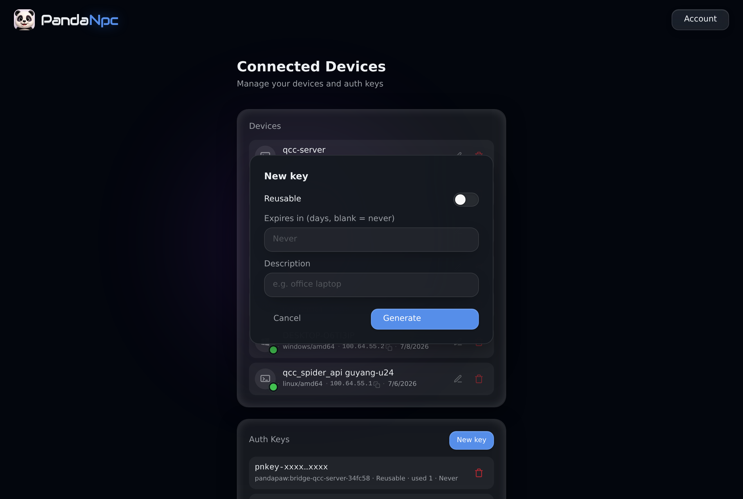 Generate Auth Key: options for reusable/one-time, expiry, and description