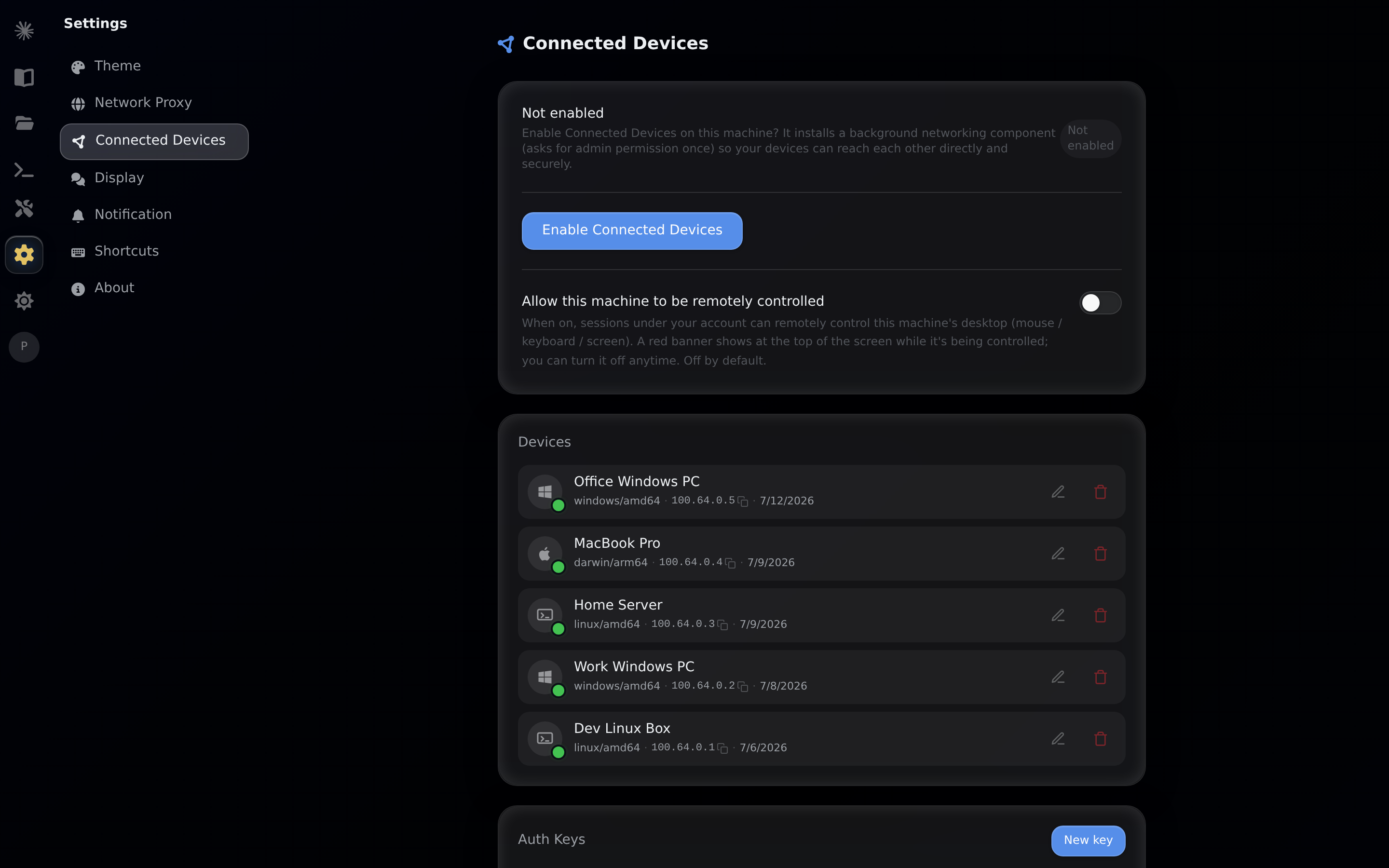 Enable Connected Devices switch on the settings page: click to enable with one click