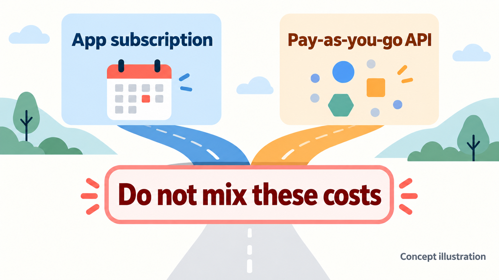 Conceptual illustration: app subscriptions and API usage-based billing are two different bases