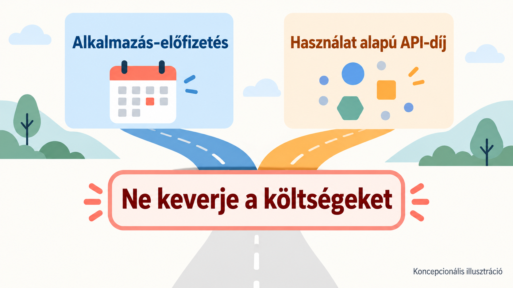 Fogalmi ábra: az alkalmazás-előfizetés és az API használat alapú elszámolása két különböző mérce