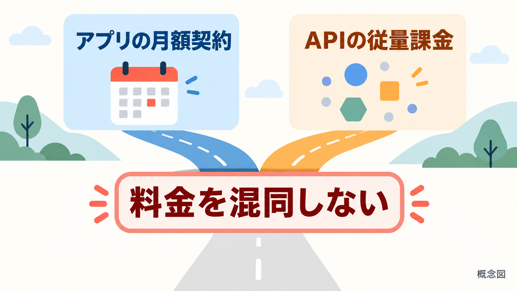 概念図：アプリのサブスクリプションと API の従量課金は異なる2つの口径