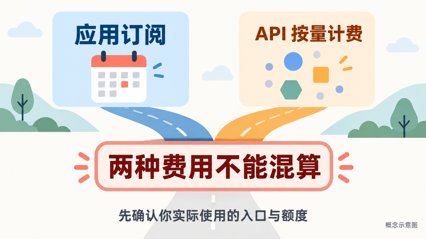 概念示意图：应用订阅和 API 按量计费是两种不同口径