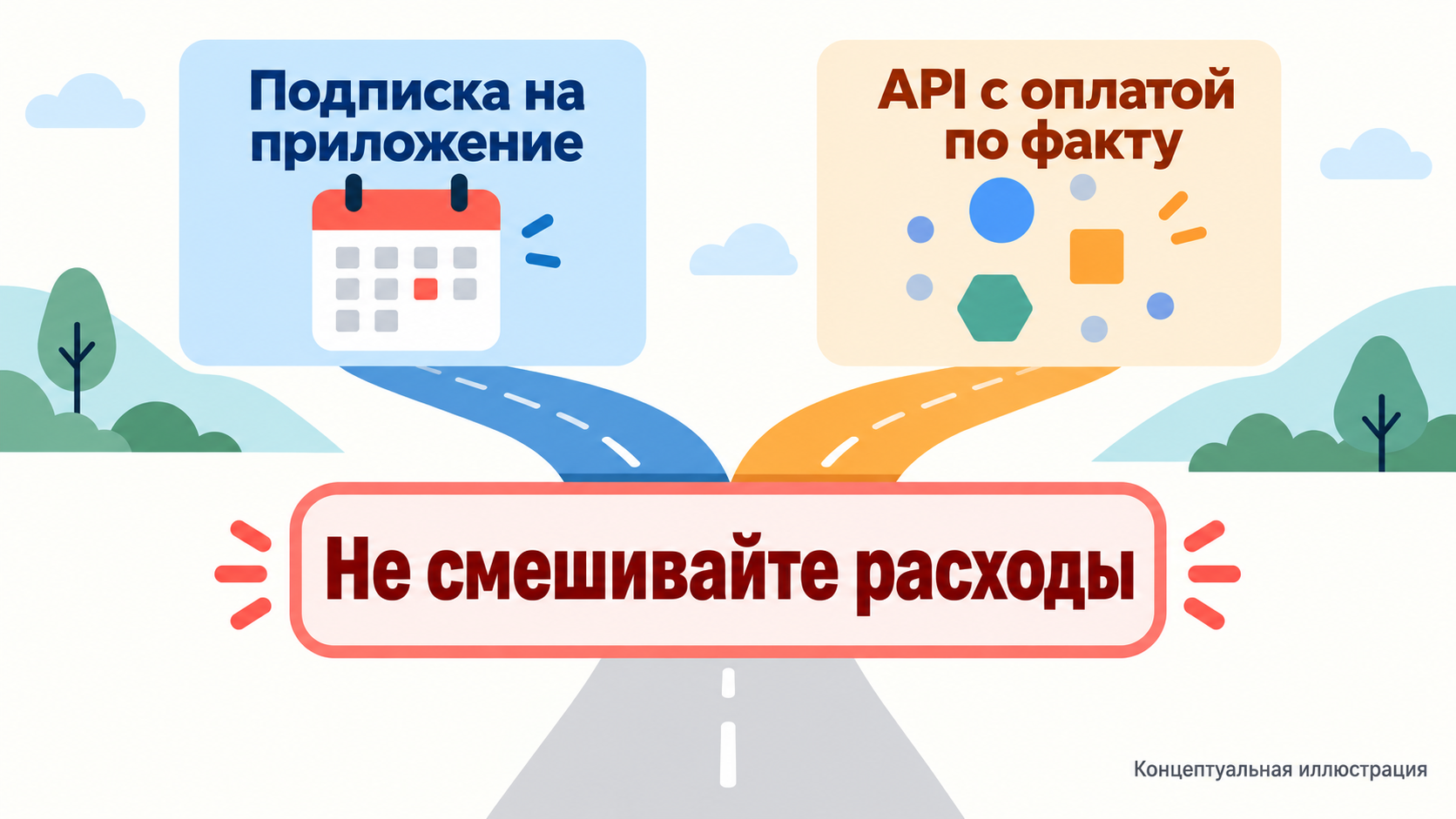 Концептуальная схема: подписка на приложение и оплата API по факту использования — это два разных подхода
