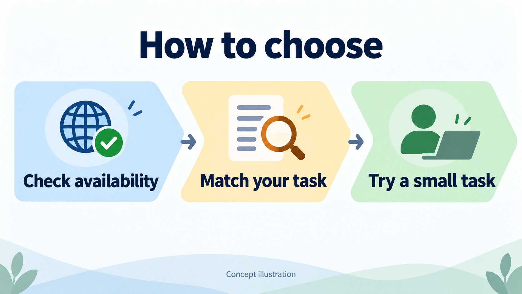 Conceptual illustration: first confirm availability, then match the task, and finally trial on a small scale