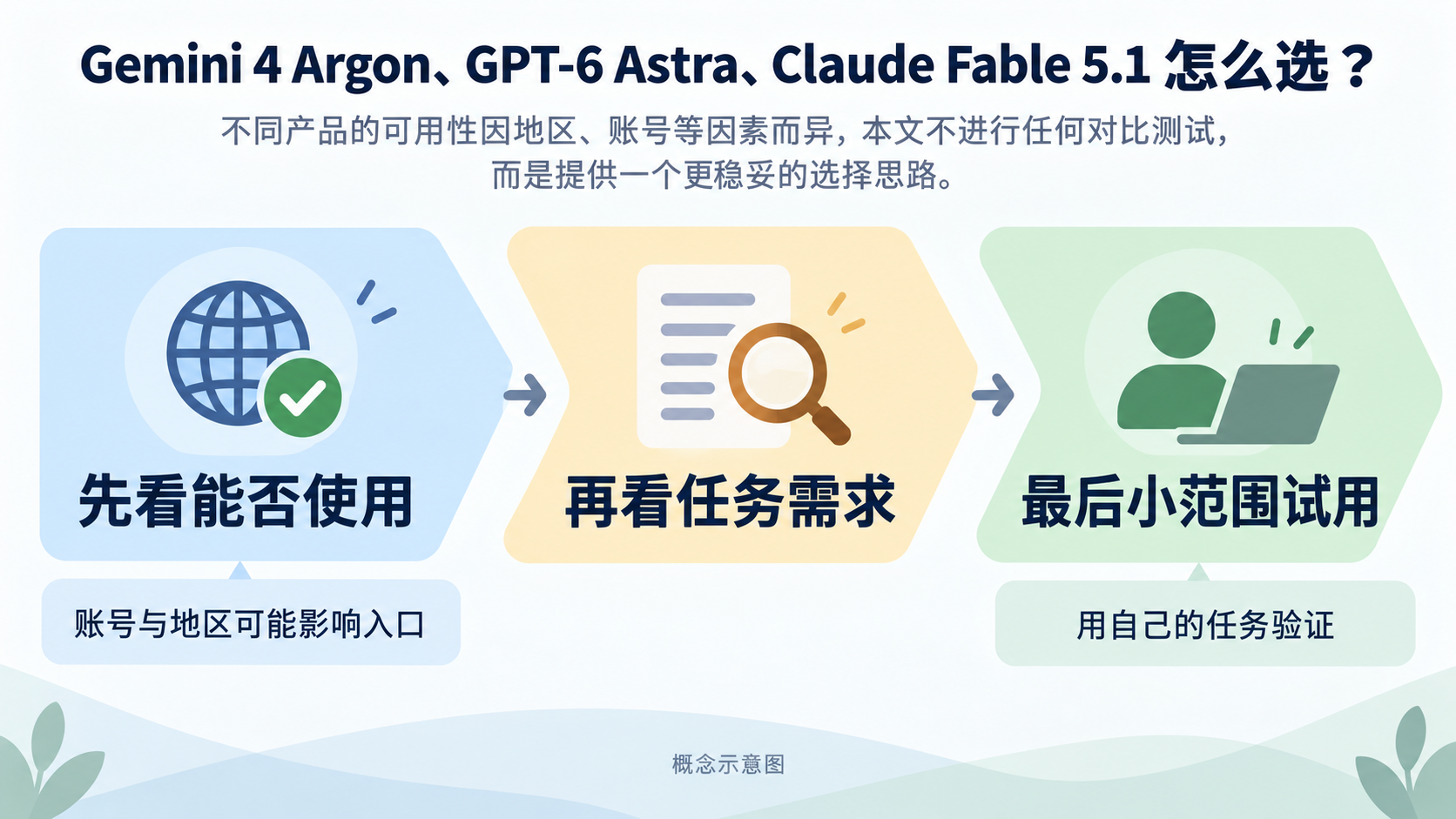 概念示意图：先确认能用，再匹配任务，最后小范围试用
