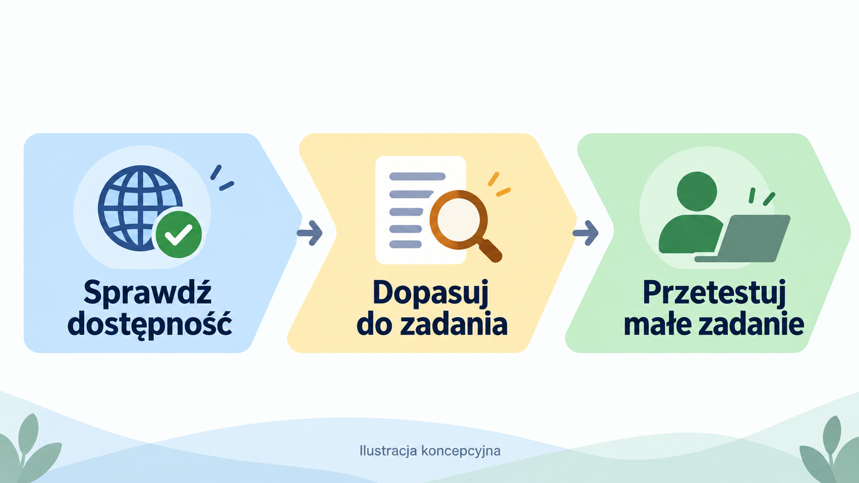 Schemat koncepcyjny: najpierw sprawdź dostępność, potem dopasuj zadanie, na końcu przetestuj w małej skali