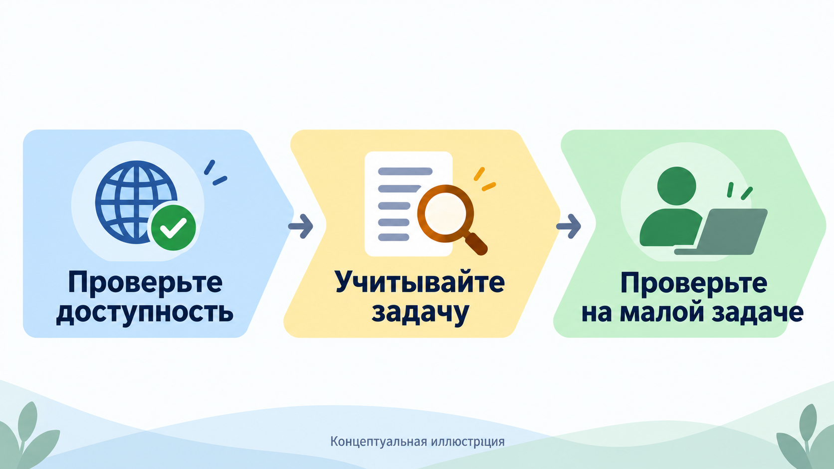 Концептуальная схема: сначала убедиться, что модель доступна, затем сопоставить с задачей, в конце проверить на небольшом примере