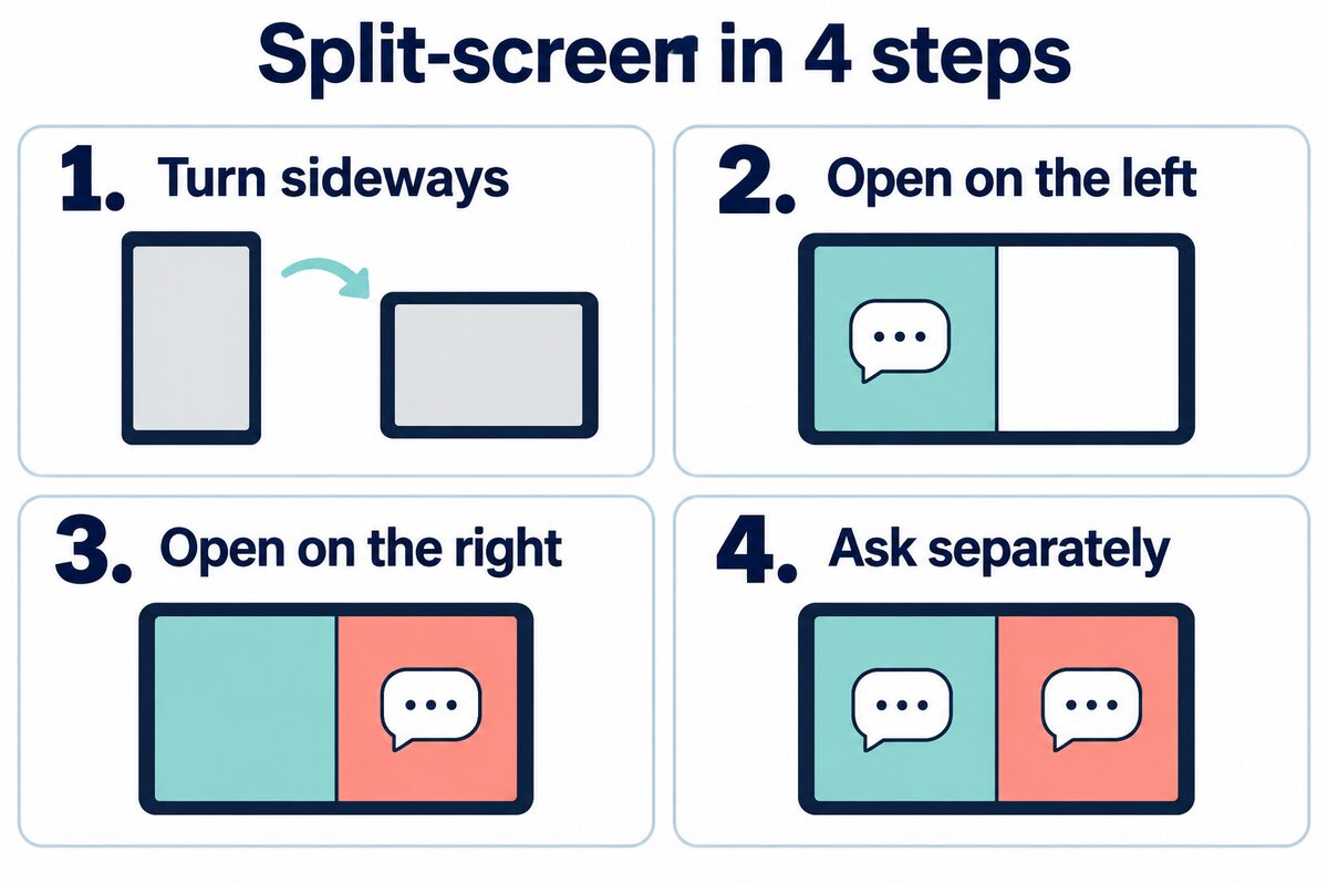 Ilustrasi operasi yang dihasilkan AI: miringkan → buka kiri → buka kanan → bertanya secara terpisah. Bukan tangkapan layar App. Ilustrasi empat langkah: mode lanskap, buka percakapan kiri, buka percakapan kanan, ajukan pertanyaan secara terpisah