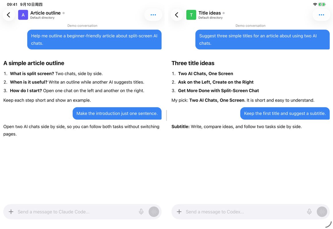 Tangkapan layar demo build simulator iPad: sisi kiri menyusun kerangka, sisi kanan mencari judul. Percakapan adalah data contoh, digunakan untuk menunjukkan tata letak. Dua percakapan ditampilkan berdampingan di iPad mode lanskap, berisi kerangka artikel dan saran judul