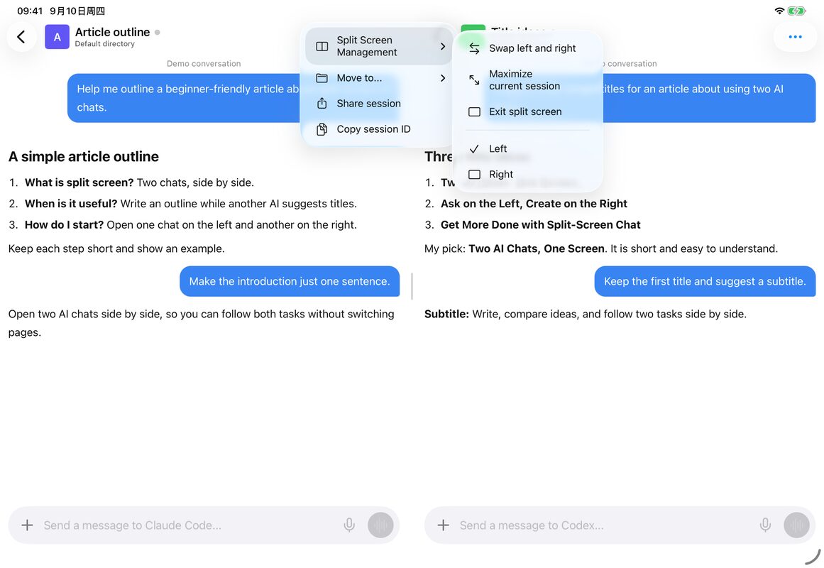 Στο iPad ανοιχτό μενού διαχείρισης διαχωρισμού οθόνης, που δείχνει εναλλαγή αριστερά-δεξιά, μεγέθυνση τρέχουσας συνεδρίας και έξοδο από τον διαχωρισμό οθόνης