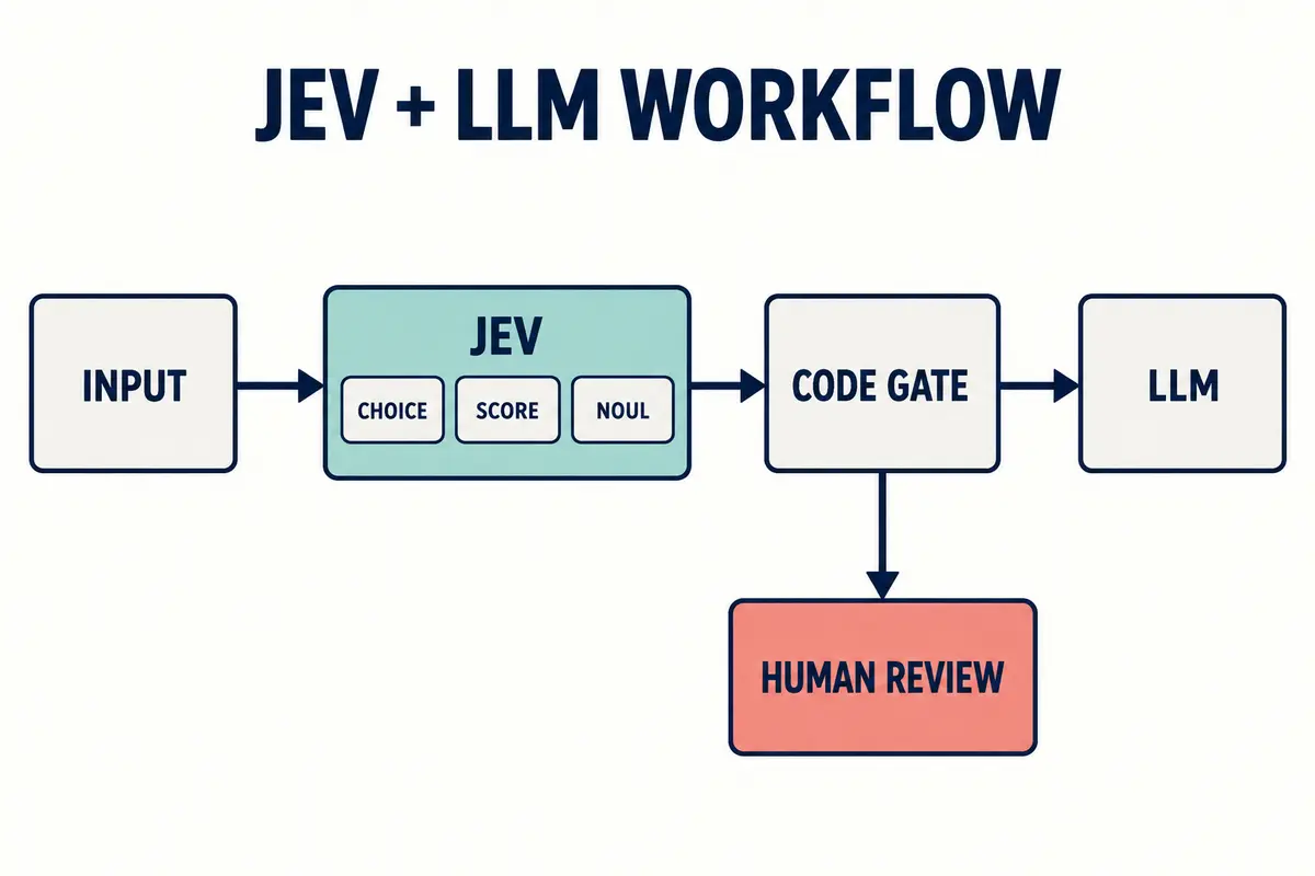 原创示意图:请求经过 Jev 产生封闭答案,代码按本系统阈值决定下一步;箭头只表示一种可能架构,不表示产品界面或实测结果。 从输入到 Jev 三种问题、代码门槛、LLM 或人工审阅的原创流程示意