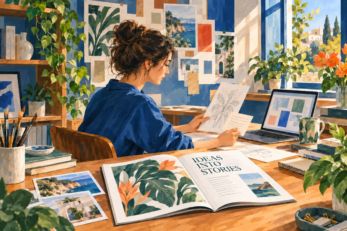 Gouache illustration of a creator arranging notes and sketches into a magazine page.